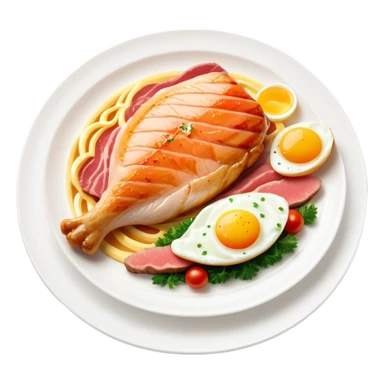 Floating plate with protein foods: large golden chicken breast in the center, smaller salmon fillet, red meat steak, and an egg, all orbiting a DNA double helix, with energy rays connecting to a muscular figure silhouette sticker