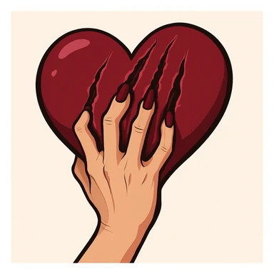 женская рука с маникюром вгоняет когти в винного цвета сердце и сильно раздирает царапает его (пальцы полусогнуты ногти вогнаны в царапины) рисованный стиль sticker