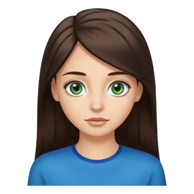long dark brown hair with highlights in the front, big blue eyes clear skin with neck and green top on add long eyelashes sticker