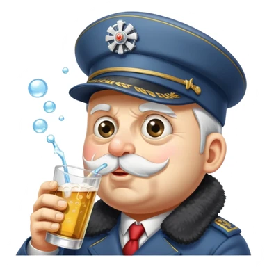 A very drunk locomotive train wearing a tilted ushanka hat, with crossed eyes, hiccuping vodka bubbles, spilling drink sticker