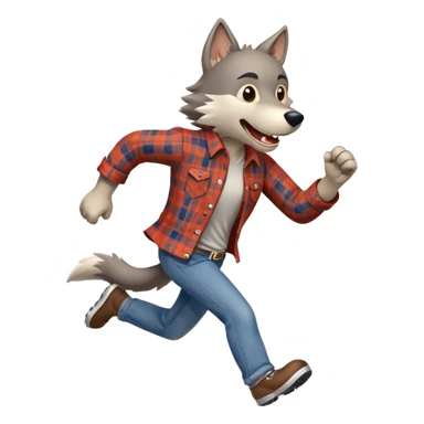 friendly anthropomorphised wolf in a plaid shirt and jeans running sticker