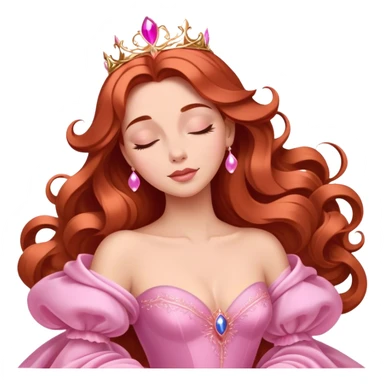Cinematic Majestic Sleeping Beauty Portrait Emoji, rendered in a clean, vector-style with bold, simplified shapes. Show Aurora with a serene, noble expression, luminous porcelain skin, and elegantly flowing auburn hair, dressed in an opulent pink ball gown. The design radiates a majestic, enchanted glow with high shine and a soft glowing outline, embodying classic royal elegance. sticker