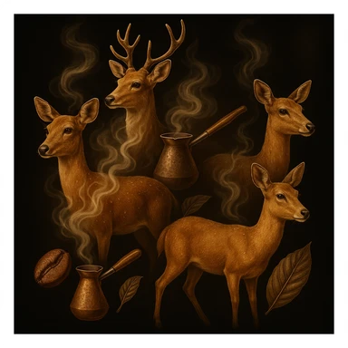 Four golden-brown deer, highly realistic, with fine water droplets on their fur. Each deer emits a light coffee aroma, visually represented by soft, swirling steam like freshly brewed coffee. Subtle coffee heritage elements such as Ethiopian coffee bean, Turkish cezve, and coffee tree leaf are tastefully integrated. Black background with a soft golden glow in the corners or around the deer, transparent edges, logo-level resolution. sticker