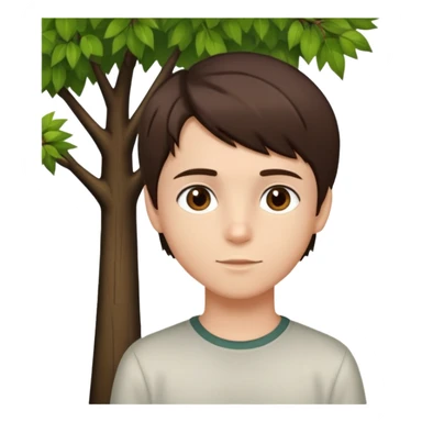 boy with straight short brunette hair brown eyes and tree behind sticker