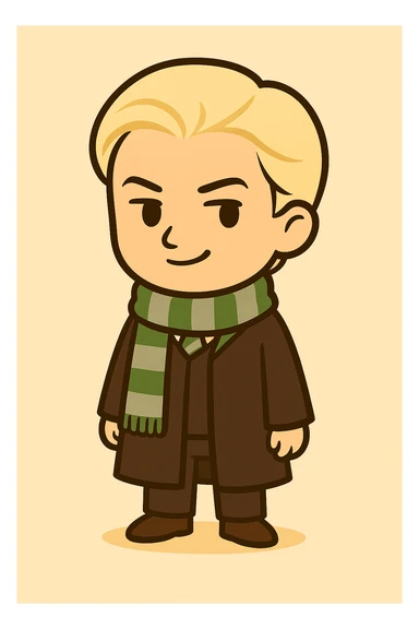 Full body illustration of Draco Malfoy in a cute, cartoon, and simplified style similar to the provided examples. He has light blonde hair, a slightly arrogant expression, wearing a Hogwarts Slytherin robe and a green and silver scarf. The illustration features bold black lines and soft colors. sticker