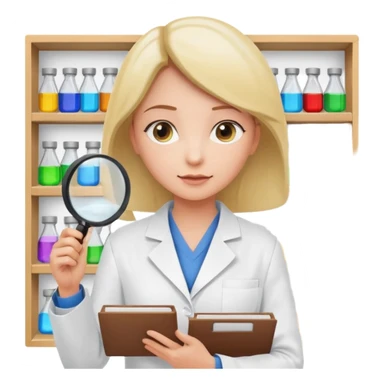 white empty shelf in perspective view with a standing woman nearby, she is looking at the shelfs with a magnifying glass, she is turned to the shelfs sticker