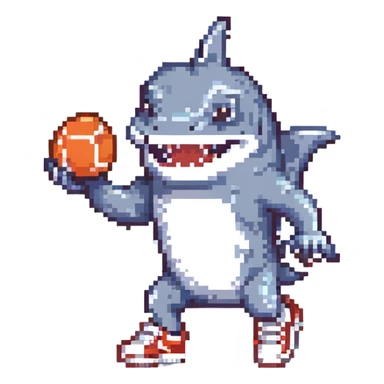 pixel art of a smiling shark wearing tennis shoes sticker