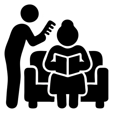 An elderly man combing the hair of an elderly woman sitting on a sofa reading a book sticker