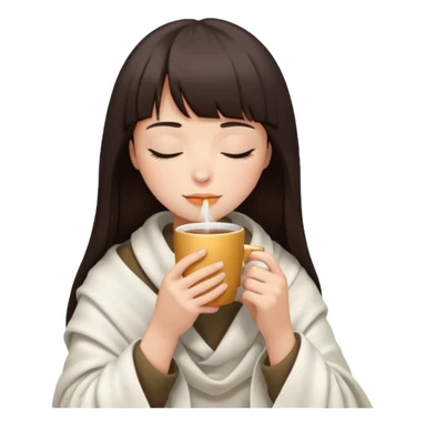 Dark brown hair with straight bang girl inside a white blanket sipping coffee eyes closed sticker