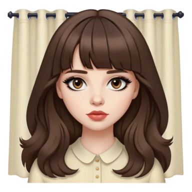 pretty baddie, brown hair, curtain bangs, cute lips, pale skin, long hair, dark brown eyes, bold black eyeliner sticker