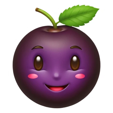 modern emoji icon of açaí berry, deep purple glossy berry, lower half smoothly coated in dark chocolate, small green leaf on top, cute playful clean style sticker