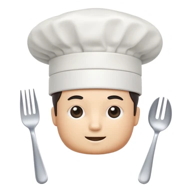 rounded square mobile app logo design, 3d icon of a chef's hat and a fork combined, subtle gradient, minimal soft blue background, flat design, clean, professional food service icon sticker