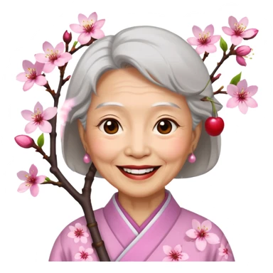 elderly asian woman with cherry blossom sticker