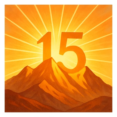 sunshine rising from mountains with the number 15 visually integrated sticker