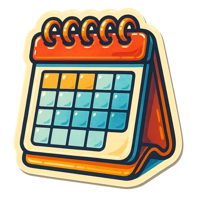 retro sticker-style illustration of a desk calendar with a spiral top, bold outlines, juicy colors, expressive shadows and highlights, playful and glossy look sticker