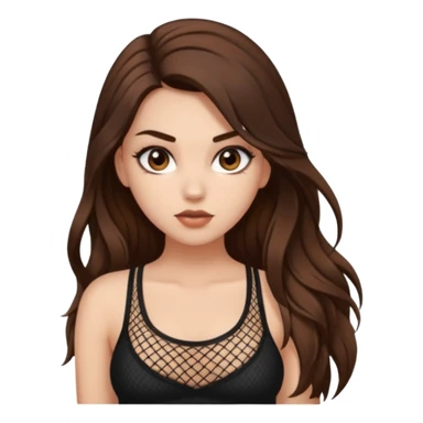 a pretty bratz fair girl with brown long hair styled well, looking like a baddie in a fishnet top and dark brown hair sticker