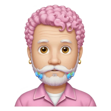 very white bearded and white mustached, pink short curly haired, wearing ear accessories sticker