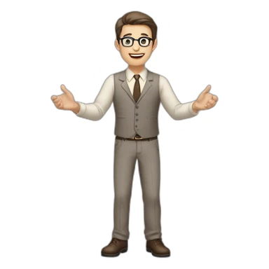 To belt Actively gesturing with hands 👌 Pale skinned fit man with dark brown hair in gray jacket, beige office shirt, brown tie, brown pants and vintage glasses. sticker