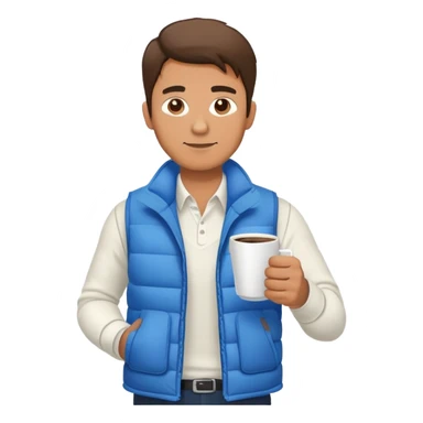 full body man wearing long sleeve white shirt with blue puffy winter vest holding a cup of coffee in front of him and nothing in his other hand sticker