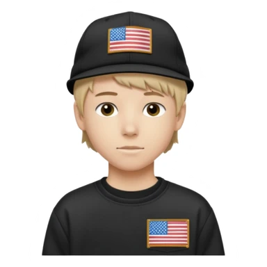 white  teen boy with short mullet haircut and black American flag flat bill hat at and wearing Carhartt sweatshirt sticker