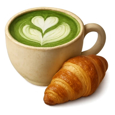 Make the matcha latte with croissant more detailed, add realistic textures and shading, keep the inviting and cozy icon style. sticker