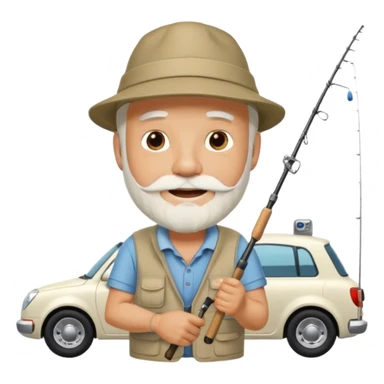 Открытка С Днем рождения дедушке с бородкой. ему 72 года. без текста. тема белый автомобиль и рыбалка. sticker