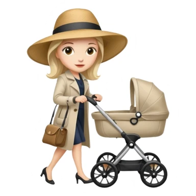 A stylish mother wearing a wide-brim hat, pushing a stroller. sticker