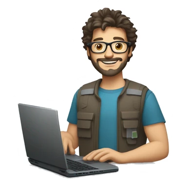 man with light skin, short messy hair, dark brown hair, with glasses, with a beard and short bogey. Happy computer technician with a laptop sticker