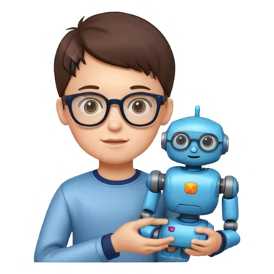 kid with glasses → holding a toy robot sticker