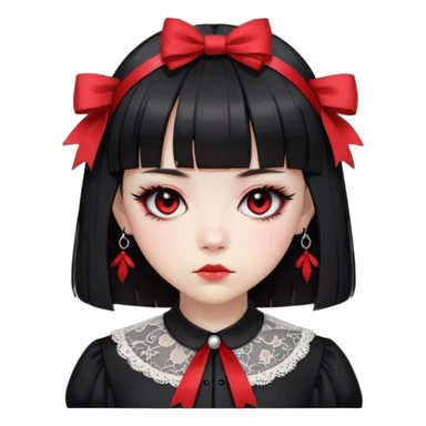 Cute East Asian girl, pale skin, straight bangs, black inward bob. Wearing gothic dress with lace collar, red eyeshadow, black ribbon headband, serious expression sticker