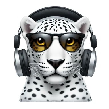 white jaguar dj, emoji head, looking forward, wearing cool sunglasses, wearing over-ear headphones on top of head sticker