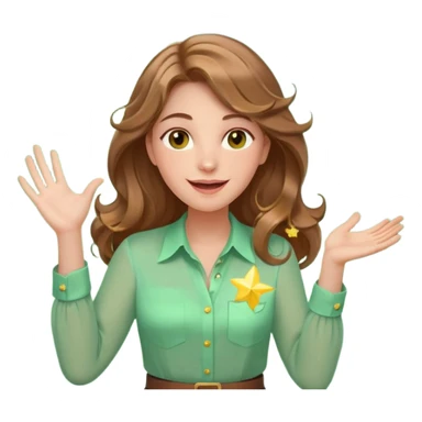 Joyful and imaginative woman with fair skin, long wavy light brown hair, hazel eyes, wearing a light green blouse with yellow accents, holding a glowing lightbulb and gesturing outward. Surrounded by stars, sparkles, speech bubbles, a paper plane, and a small heart. Waist-up, front-facing sticker