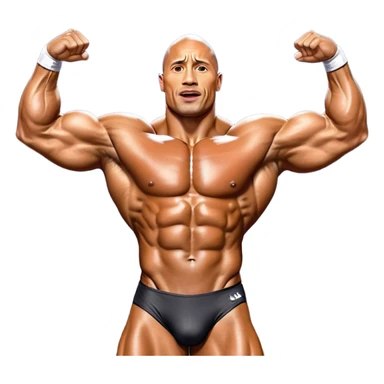 Dwayne 'The Rock' Johnson on stage at the Mr. Universe bodybuilding competition, covered in oil, flexing his powerful muscles. His physique shines under bright stage lights, showcasing his strength and dedication. The audience and judges are blurred in the background. Transparent background. sticker