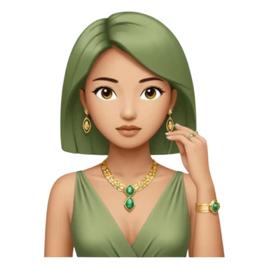 Aesthetic rich Asian woman in sage green Versace dress and Cartier jewelleries, front view sticker