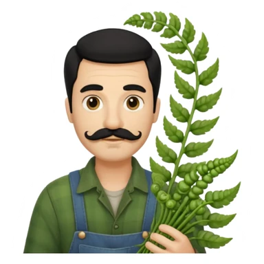 farmer emoji holding a bunch of fiddlehead ferns, black hair, moustache, light beard, inspired by the attached reference photo sticker