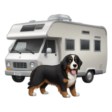 bernese mountaind dog in a camper with a brown hair woman and grey hair man grey sticker