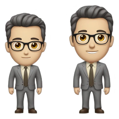 Full height Pale skinned Fit Man With dark brown hair in classic gray suit, beige office shirt, dark gray tie, and vintage glasses. His hands lock sticker