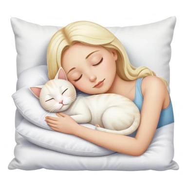 blonde girl sleeping on white pillow with white cat sticker