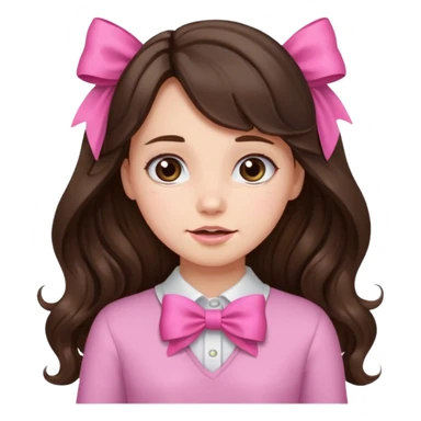 Brunette, long wavy hair, girl emotions and a pink bow sticker