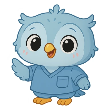 Make the baby owl wearing a bluish psychology scrub look more commercial and attractive to attract clients: add a big smile, bright and expressive eyes, friendly posture, and welcoming gesture, in an adorable and cute style. sticker