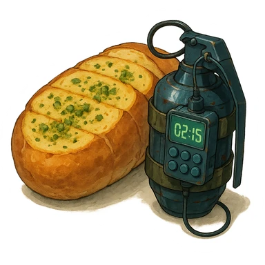 a thermonuclear hand held grenade IED, futuristic cyberpunk. The primed exlosive element is not c4 plastique, but it is garlic bread. small detonator attached to large loaf sticker
