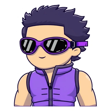 male athlete with white skin and moderately curly black hair on top with shaved sides, wearing ski goggles with purple frames and very dark black lenses, a simple plain black chain necklace, and a completely unzipped sleeveless vest with purple and black sequin fire pattern design with no logo or brand emblem, fully revealing his chest, shoulders and arms, no earrings sticker