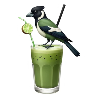 It’s an Australien Magpie sitting on an iced matcha latte on the edge of the glass. It has green matcha on its beak indicating it drank. The iced matxha latte is in a see through glass and white from the oat milk on the bottom and green on top…and there is a straw in the drink and ice cubes sticker