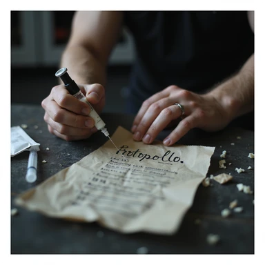 close-up of young bodybuilder's hand injecting unknown substance from unlabeled vial, crumpled paper labeled 'protocollo' in messy handwriting, syringe and alcohol wipes scattered, gym locker room background, hyperrealistic 4K, tense secretive mood sticker