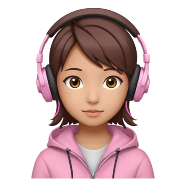 a japanese girl with brown layered cut hair. she has dark brown eyes, and has a cute super light pink gaming headphones sticker