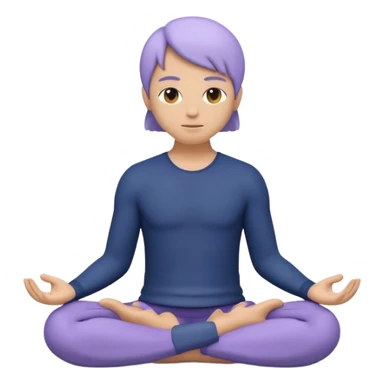 Modern premium 3D emoji icon: faceless gender-neutral meditator sitting cross-legged, smooth rounded shapes, matte + subtle gloss, top-left studio light, soft shadow, faint halo aura, navy outfit with lavender accent, centered, transparent background, no text sticker