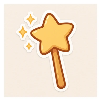 cartoon-style magic wand with a golden star at the tip, sparkling, chibi stickers style sticker