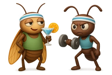 EMOJI STILE IPHONE 3D DI UNA CICALA E UNA FORMICA IN ABITI FITNESS, LA CICALA HA IN MANO UN COCKTAIL MENTRE LA FORMICA HA IN MANO UN MANUBRIO DA PALESTRA. L'IMMAGINE RAPPRESENTA IL FATTO CHE LA FORMICA VOGLIA IMPEGNARSI REALMENTE PER CAMBIARE IL SUO FISICO MENTRE LA CICALA SI VUOLE DIVERTIRE E NON CONCLUDE NULLA ALLA FINE sticker