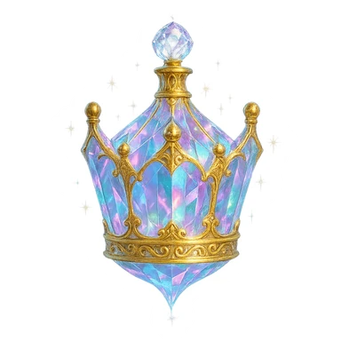 luxurious crystal elixir bottle shaped like a crown, pastel gradient, lots of glowing highlights, facets, ornaments, golden details, magical effects, very small golden neck, transparent background, beautiful merging base, clearly floating in air, no base or shadow, premium class impression, interesting design, fits crystal, luxurious, magical bottle collection sticker