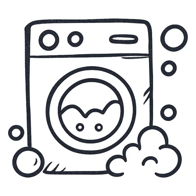 washing machine with detergent bubbles, hand drawn black outline icon, no fill sticker
